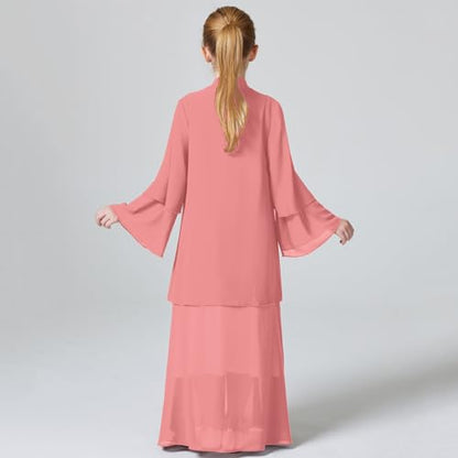 Kids Abaya Dress for Girls Muslim Dress with Hijab Chiffon Layered Open Front Cardigan Ramadan Eid Kaftans Dubai Outfit - color: Pink, size: 7-8 Years