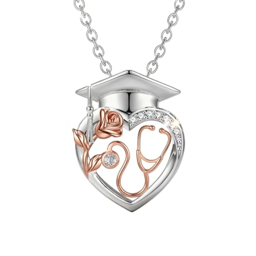 Graduation Gifts for Women 925 Sterling Silver Compass/Graduation/Vet/Cross/Stethoscope Necklace for Women - color: Graduation-Nurse-Stethoscope