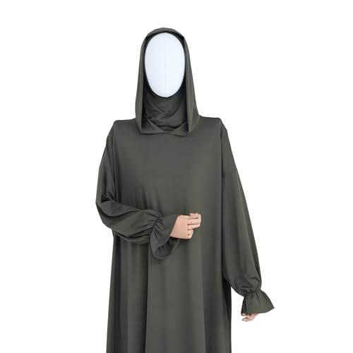 Muslim Hoodie Abaya Islamic Prayer Jilbab Maxi Robe with Inner Cap | Two-layer Cap, Prayer Abaya, Large Style - color: Army Green