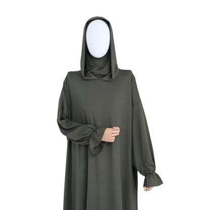 Muslim Hoodie Abaya Islamic Prayer Jilbab Maxi Robe with Inner Cap | Two-layer Cap, Prayer Abaya, Large Style - color: Army Green