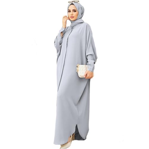 AWIBMK Women Abayas Dubai Kaftan Henley Shirt Prayer Maxi Dress Muslim Batwing Sleeve Ramadan Islamic Clothes - color: Gray