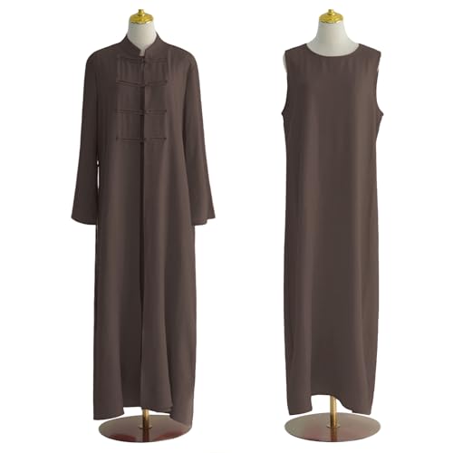 2PCS Women Muslim Abaya Dress Stand Collar Full Coverage Cardigan Dress Set - color: Mocha, size: Medium