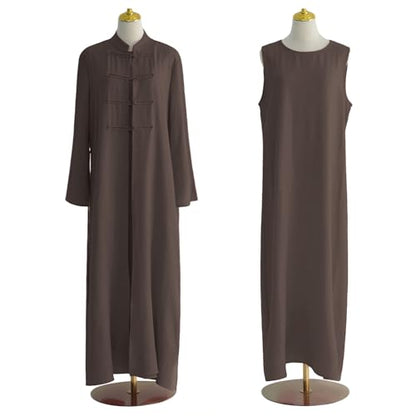 2PCS Women Muslim Abaya Dress Stand Collar Full Coverage Cardigan Dress Set - color: Mocha, size: X-Large