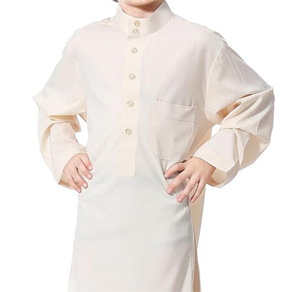Arabic Thobe Muslim Thobe Long Sleeve Kaftan Crew Robe National Costume Teenage Boys Long Sleeve Embroidered Robe - color: Beige, size: 4-5T