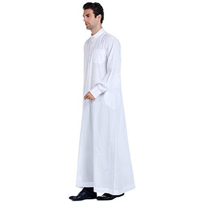 Men Arabic Long Sleeve Pure Color Thobe Crew Stand Collar Kaftan Robe with Button - color: White, size: 3X-Large