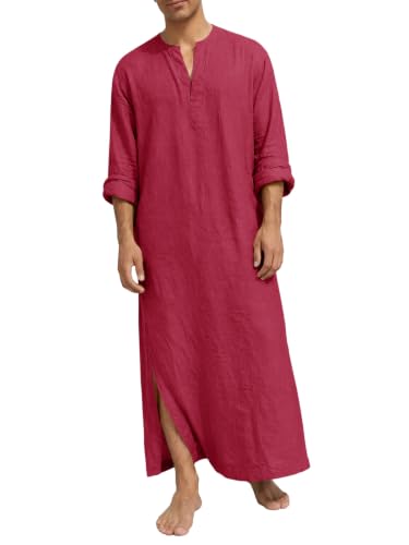 Runcati Mens Kaftan Robe Linen Long Sleeve Thobe Kurta Muslim Gown Shirt - color: Burgundy, size: Medium