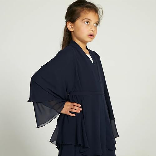 Chiffon layered Open Abaya Dubai Kaftan Muslim Cardigan Abayas Dresses For Girls Casual Robe Kimono Islam Clothing - color: Black, size: 9-10 Years