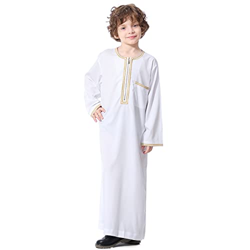IBTOM CASTLE Robe for Boys Muslim Long Sleeve Thobe Abaya Saudi Arab Kaftan Islamic Zipper Arabic Dubai Dress With Pockets - color: White, size: 13-14 Years