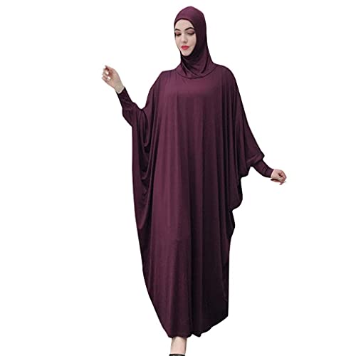 Women's Solid Muslim One-Piece Prayer Dress Abaya Kaftan with Hijab Full Length Dress - color: Purple