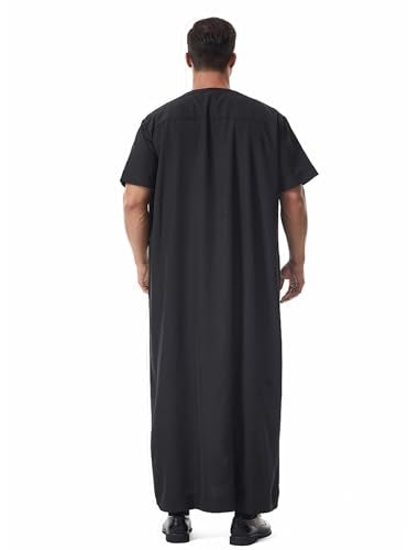Muslim Men Abaya Short Sleeve Kaftan Islamic Arab Robe Men Dishdasha Zipper Robe Ethnic Clothes Dubai Travel Thobe - color: Black, size: X-Large