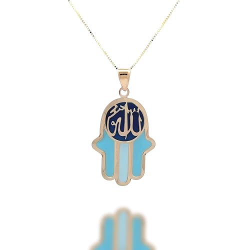 14K Solid Gold Pendant Necklace Hand-Painted Abstract Hamsa Hand and Allah Calligraphy (Evil Eye) - Gift for Men, Women, Daughter, Son, Unisex Adults, Kids - color: Blue Fatima Hand w/ Allah Calligraphy, style: Pendant w/ Cuban Link 16"