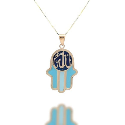14K Solid Gold Pendant Necklace Hand-Painted Abstract Hamsa Hand and Allah Calligraphy (Evil Eye) - Gift for Men, Women, Daughter, Son, Unisex Adults, Kids - color: Blue Fatima Hand w/ Allah Calligraphy, style: Pendant w/ Cuban Link 20"
