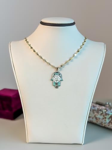 14K Solid Gold Pendant Necklace Hand-Painted Abstract Hamsa Hand and Allah Calligraphy (Evil Eye) - Gift for Men, Women, Daughter, Son, Unisex Adults, Kids - color: Light Green Fatima Hand w/ Allah Calligraphy, style: Only Pendant