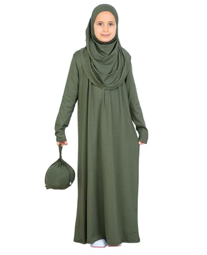 Prien Kids Muslim Prayer Dress With Hijab & Pouch, Soft Viscose Abaya For Girls, Islamic Clothes, Robe For Eid, Ramadan - color: Khaki