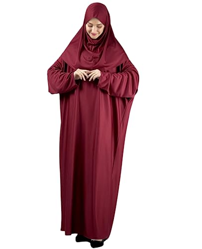 Women Prayer Clothes with Hijab Muslim Outfits Long Robe Abaya Turkish Islamic Dresses Dubai Kaftan with Rosary - color: Burgundy