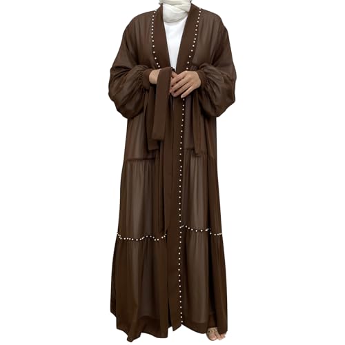 Abayas For Women Muslim Ramadan Long Sleeve Open Front Imitation Pearls Tiered Chiffon Dress Cardigan with Belt Dubai Kaftan - color: Coffee, size: Small