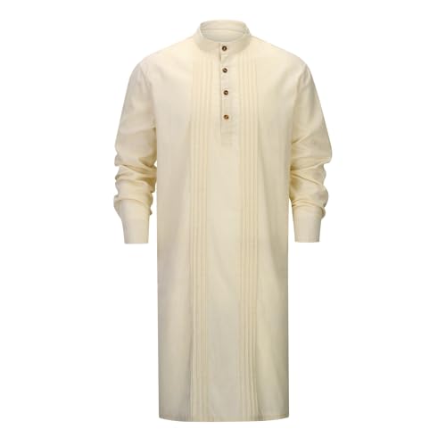 Men's Long Sleeve Stand Collar Kaftan Thobe Button Down Henley Robe Casual Side Slit Front Pleated Gown Shirt Tops - color: Khaki, size: Small
