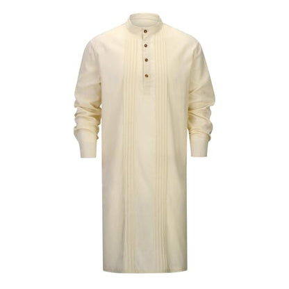 Men's Long Sleeve Stand Collar Kaftan Thobe Button Down Henley Robe Casual Side Slit Front Pleated Gown Shirt Tops - color: Khaki, size: Medium