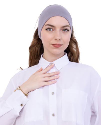 Prien Women Cotton Hijab Cap, Stretchy Head Cover, Pre-Sewn Inner Muslim Scarf Undercap, Non Slip Headband for Daily Wear - color: Grey