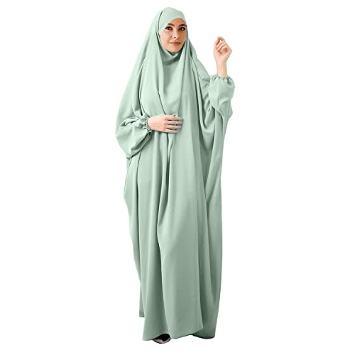 FPOVFPO Womens One-Piece Solid Abaya Muslim Prayer Dress Islamic Maxi Kaftan with Hijab Dubai Full Length Dress - color: Light Green