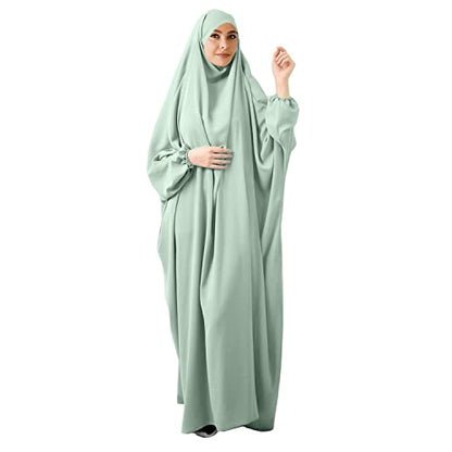 FPOVFPO Womens One-Piece Solid Abaya Muslim Prayer Dress Islamic Maxi Kaftan with Hijab Dubai Full Length Dress - color: Light Green