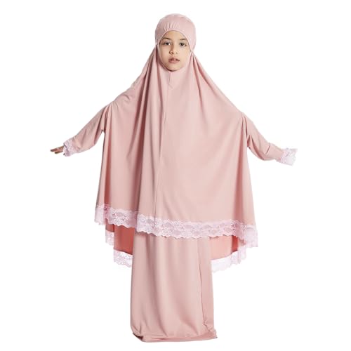 IBTOM CASTLE Little Girls Muslim Prayer Dress Abaya Long Sleeve Full Cover Lace Hijab Kaftan Dubai Islamic Modest Eid Jilbab - color: Pink, size: 11-12 Years