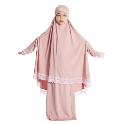 IBTOM CASTLE Little Girls Muslim Prayer Dress Abaya Long Sleeve Full Cover Lace Hijab Kaftan Dubai Islamic Modest Eid Jilbab - color: Pink, size: 9-10 Years