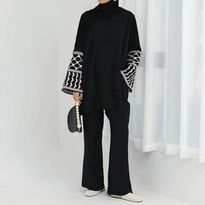 Women's Top + Pants Eid Ramadan Muslim Two-piece Outfits Embroidered Dubai Abaya Islamic Arabic Clothing - color: Black, size: Medium-Large