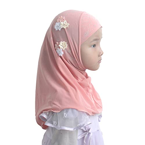 Instant Hijab for Kids Girls Hijabs Muslim Islamic Head Scarf with Rhinestone and Flowers - color: Orange Pink