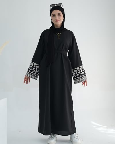 Embroidered Muslim Abaya Long Sleeve Dubai Dress Turkish Robe Zipper Maxi Dess Women Eid Clothes - color: Black, size: Medium