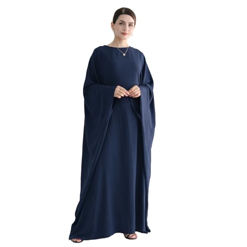 Abaya 무슬림 여성용 드레스 배트윙 슬리브 루즈핏 맥시 겸손한 이슬람 의류 히잡 스카프 포함 기도 드레스 - color: 네이비