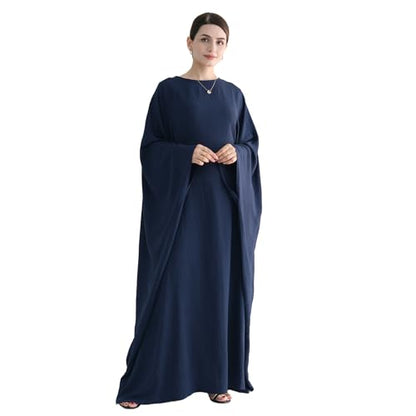 Abaya Muslim Women Dress Batwing Sleeve Loose Maxi Modest Islamic Clothes Prayer Dress with Hijab Scarf - color: Navy