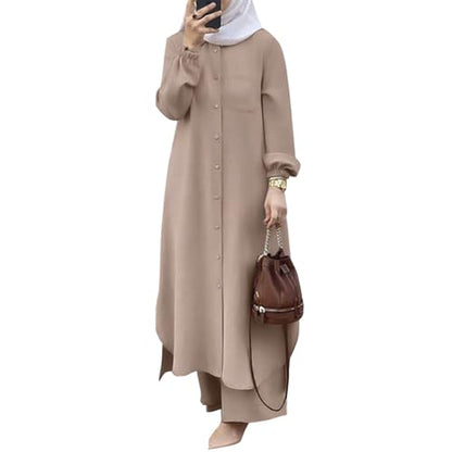 Women's Muslim 2 Pieces Sets Long Sleeve Button Down Shirt and Pants Abaya Casual Dress Dubai Outfits - color: Khaki, size: 3X-Large