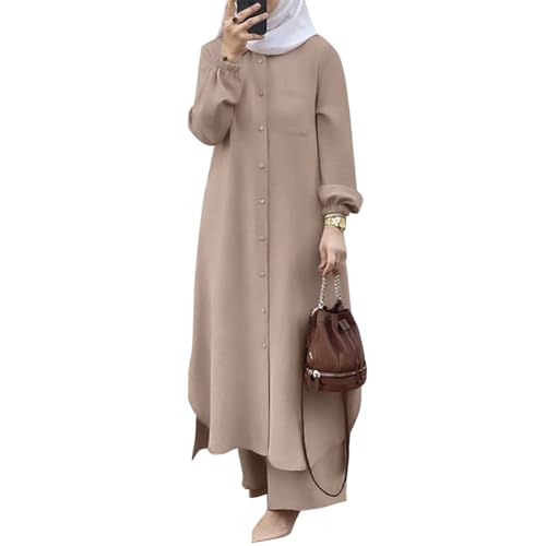 Muslim Clothes for Women 2 Piece Set Long Sleeve Button Down Shirt and Pants Ramadan Abaya Dress Islamic Dubai Outfits - color: Khaki, size: Small
