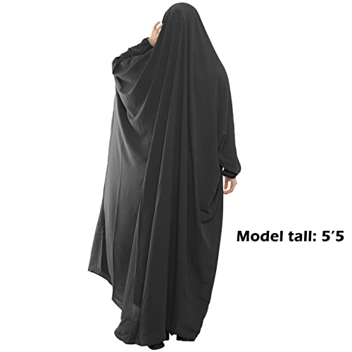 Lenmipot Muslim Prayer Dress Islamic Jilbab Eid Formal Gown 1 Piece Saudi Loose Covered Dress - color: Black, size: Free size
