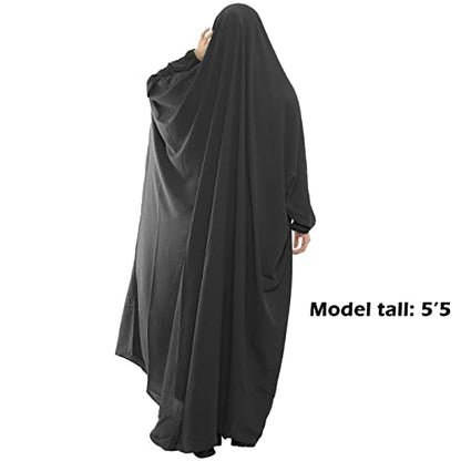 Lenmipot Muslim Prayer Dress Islamic Jilbab Eid Formal Gown 1 Piece Saudi Loose Covered Dress - color: Black, size: Free size