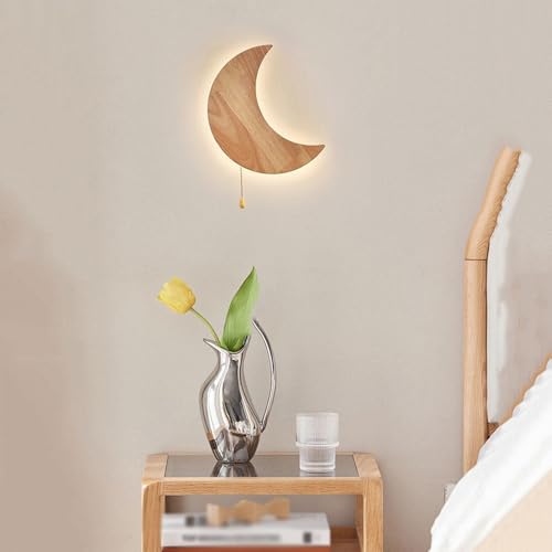 Moon Shape Nordic Style Wall Sconce 11.9-Inch Oak Wood Wall Lamp with Pull Chain Switch 3 Color Temperatures Acrylic Crescent Light Fixture for Bedroom Study Hallway