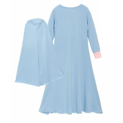Kids Prayer Dress Muslim Clothes for Girls Long Sleeve Ramadan Abaya with Hijab Maxi Islamic Eid Outfits Set 2pcs - color: Sky Blue, size: 13-14 Years