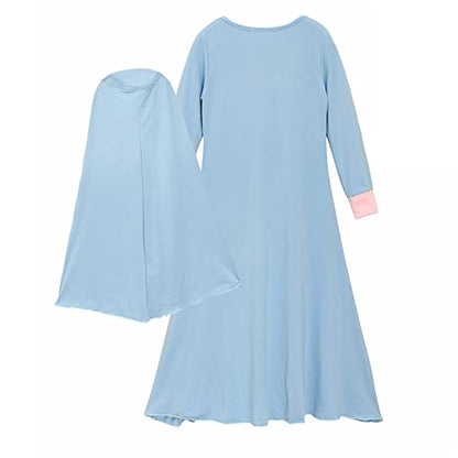 Kids Prayer Dress Muslim Clothes for Girls Long Sleeve Ramadan Abaya with Hijab Maxi Islamic Eid Outfits Set 2pcs - color: Sky Blue, size: 13-14 Years