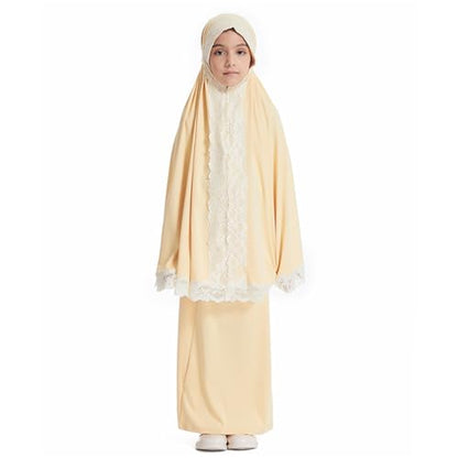 Girls Abaya Muslim Prayer Dress 2 Piece Maxi Sleeve Full Cover Lace Hijab Kaftan Tops Long Skirt Kids Soft Elastic - color: Light Yellow, size: 9-10 Years