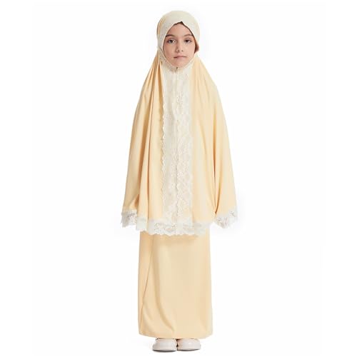 Girls Abaya Muslim Prayer Dress 2 Piece Maxi Sleeve Full Cover Lace Hijab Kaftan Tops Long Skirt Kids Soft Elastic - color: Light Yellow, size: 5-6 Years