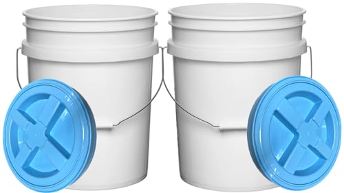 Food Grade 5 Gallon Made in USA Plastic Bucket with Air Tight Screw on Lid (Pack of 2) (White Buckets with Aqua Lids) - color: White Buckets With Aqua Lids