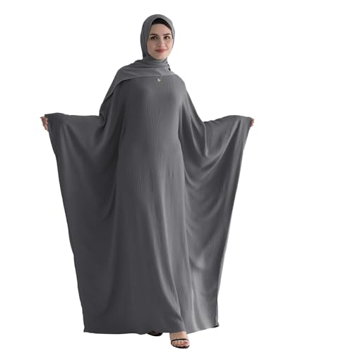 Abaya 무슬림 여성용 드레스 배트윙 슬리브 루즈핏 맥시 겸손한 이슬람 의류 히잡 스카프 포함 기도 드레스 - color: 다크 그레이.