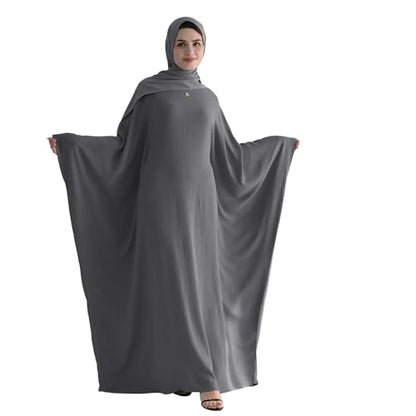 Abaya Muslim Women Dress Batwing Sleeve Loose Maxi Modest Islamic Clothes Prayer Dress with Hijab Scarf - color: Dark Gray