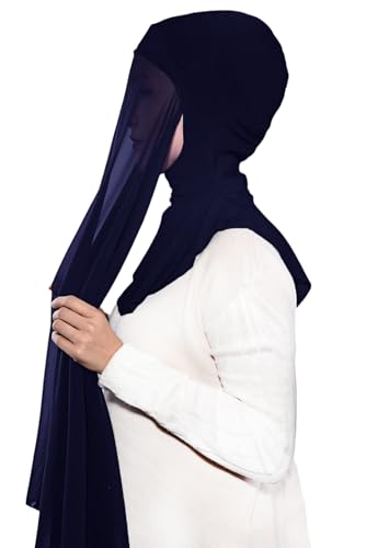 Lina & Lily Premium Chiffon Ninja Instant Hijab Scarf Stitched Jersey Cap Neck Cover Full Coverage - color: Navy Blue