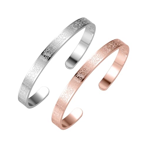 AYATUL KURSI CUFF | WOMEN Serenity Prayer Personalised Bracelet Allah Islam Muslim Arab Stainless Steel Deep Engraved Bangle - color: 1 Steel color 1Rose gold