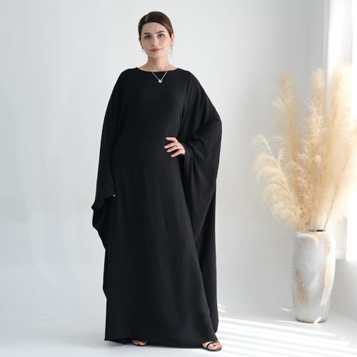 ODIZLI Abayas For Women Muslim Dubai Full Cover Kaftan Shirt Dress Batwing Sleeve Prayer Dress With Hijab - color: Black + Hijab, size: Two