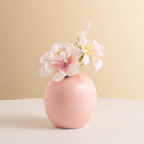 Set of 3 Ceramic Vase with Artificial Flowers,Small Pink Cream,Green for Flowers Cute Vase,Mini Ceramic Beige Table Decorations；Vases for Your Kitchen, Bedroom, Office, Living Room