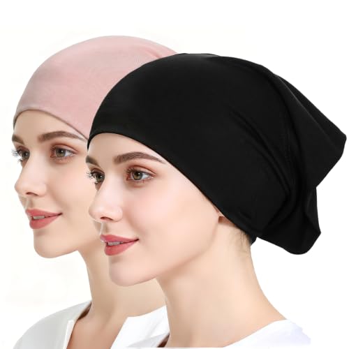 Sucrain 2PCS Under Scarf Hat Cap Islamic Muslim Hijab Headscarf Elastic Wide Headband Lightweight Hats Breathable Liner - color: Black+nude