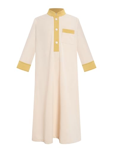FYMNSI Kids Boys Thobe Muslim Prayer Clothes Saudi Dubai Robe Kaftan with Pockets Dishdasha Islamic Eid Ramadan Outfits 5-10T - color: Apricot, size: 6-7 Years